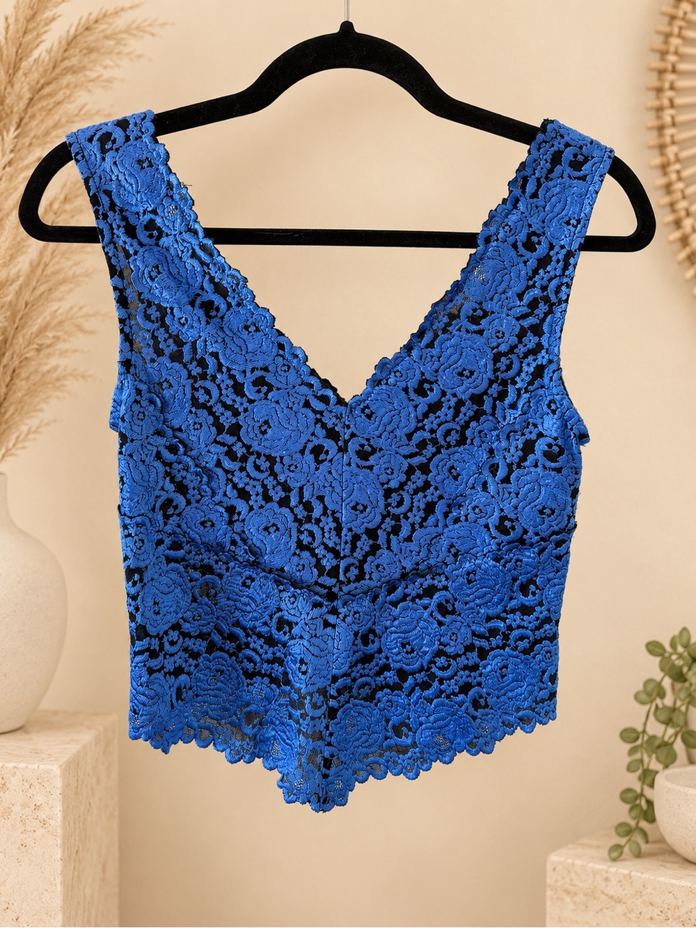 Vintage TD4 Blue & Black Floral Lace Camisole Top Made USA M